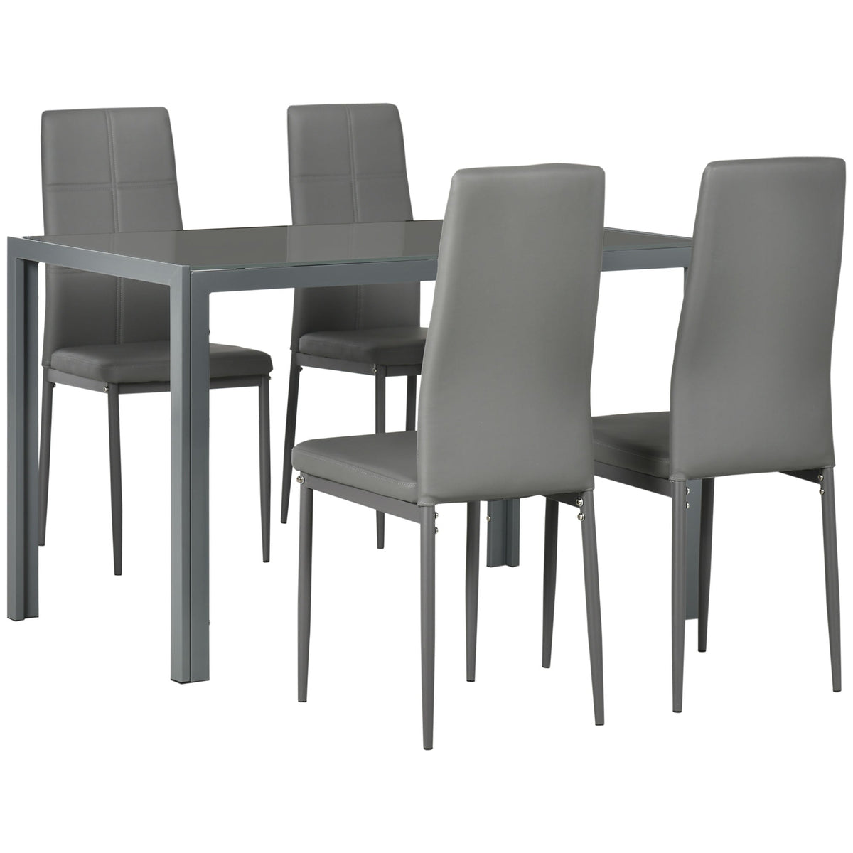 5 Piece Dining Table Set Glass Top Table & 4 Faux Leather Chairs Steel Grey Home