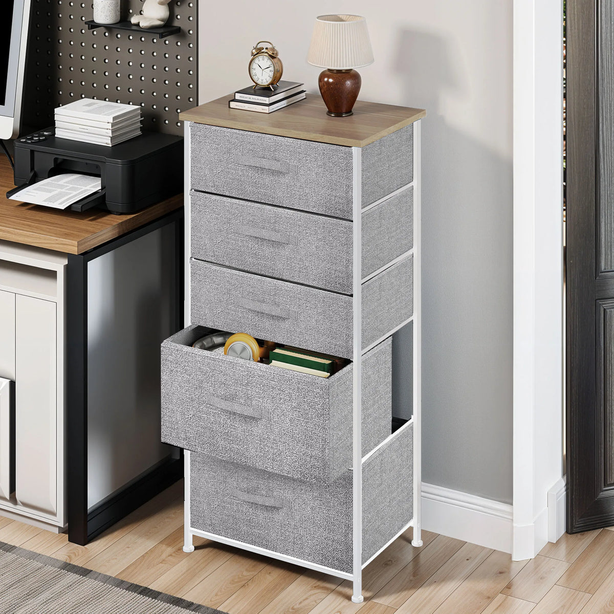 5 Drawer Fabric Dresser with Steel Frame & Wood Top - Foldable Storage Organiser