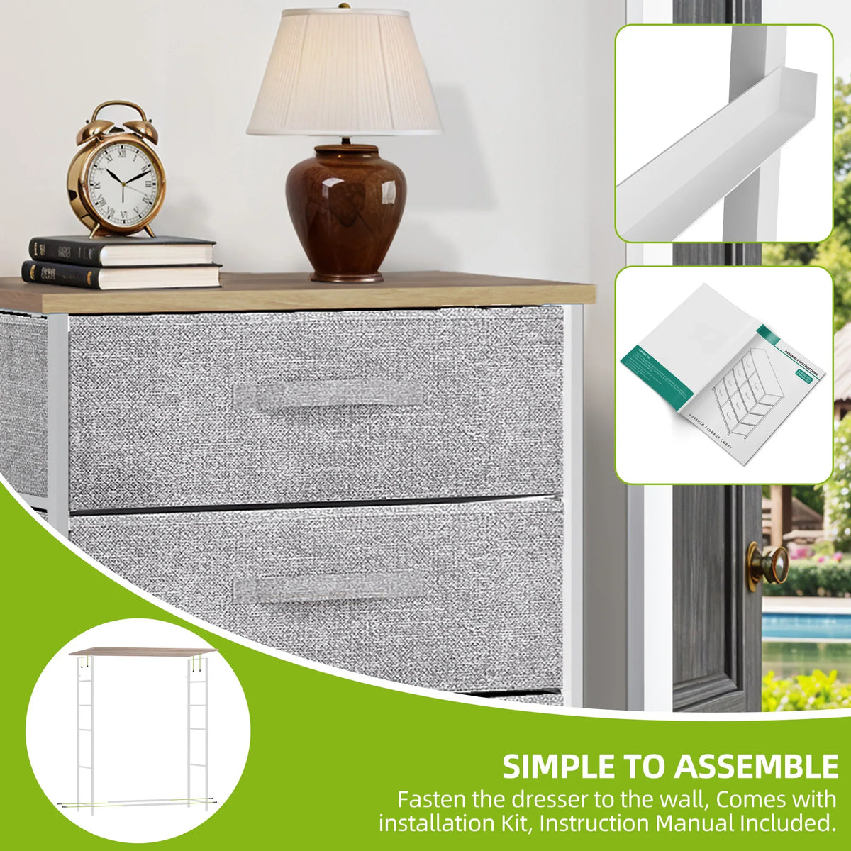 5 Drawer Fabric Dresser with Steel Frame & Wood Top - Foldable Storage Organiser