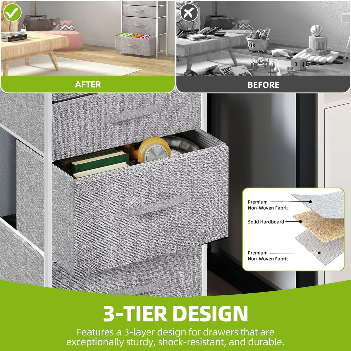 5 Drawer Fabric Dresser with Steel Frame & Wood Top - Foldable Storage Organiser