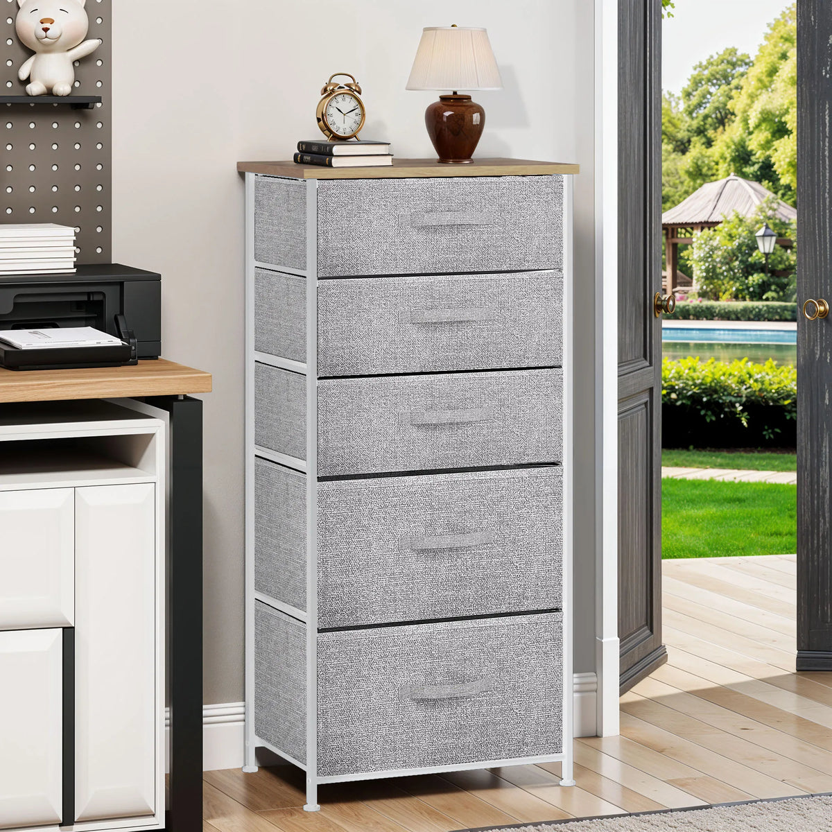 5 Drawer Fabric Dresser with Steel Frame & Wood Top - Foldable Storage Organiser