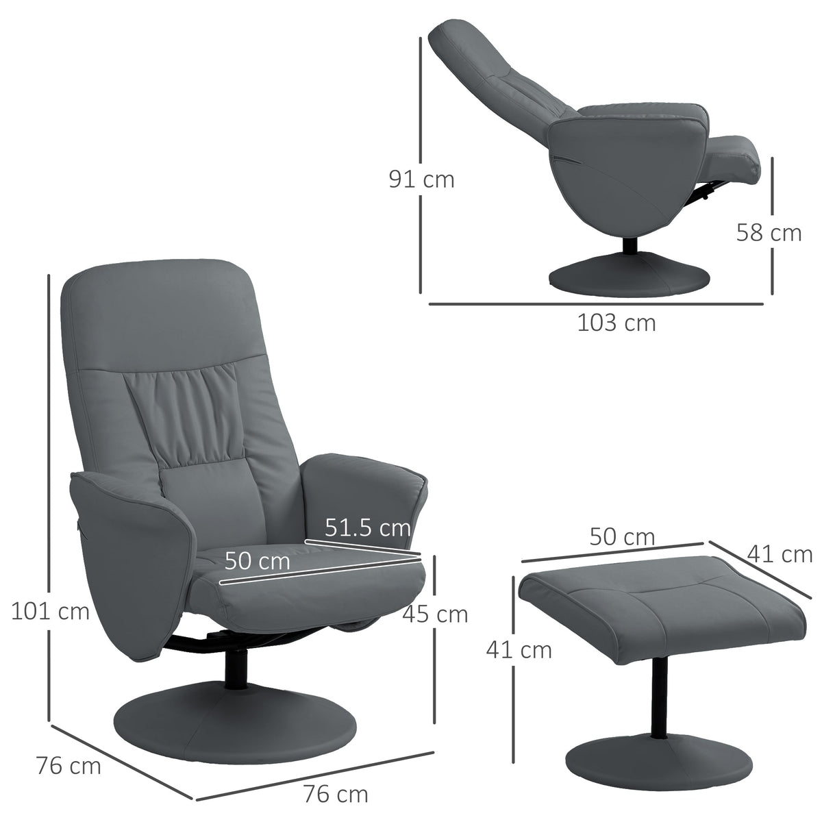 Swivel Recliner Chair Footstool PU Leather Armchair Grey Living Room Seat Stool