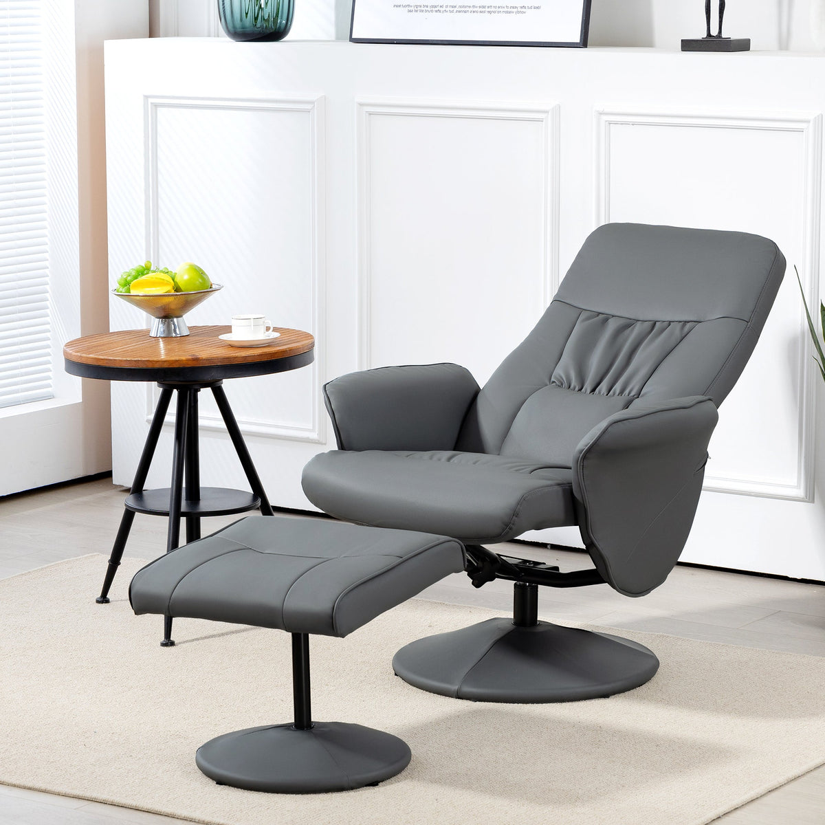 Swivel Recliner Chair Footstool PU Leather Armchair Grey Living Room Seat Stool