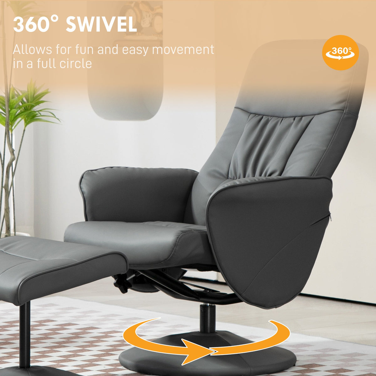 Swivel Recliner Chair Footstool PU Leather Armchair Grey Living Room Seat Stool