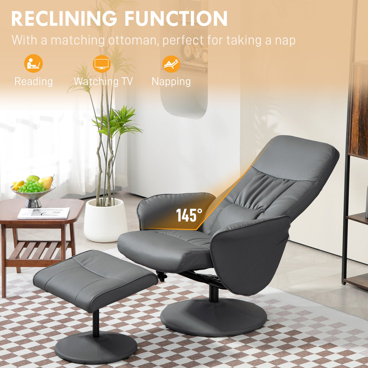 Swivel Recliner Chair Footstool PU Leather Armchair Grey Living Room Seat Stool