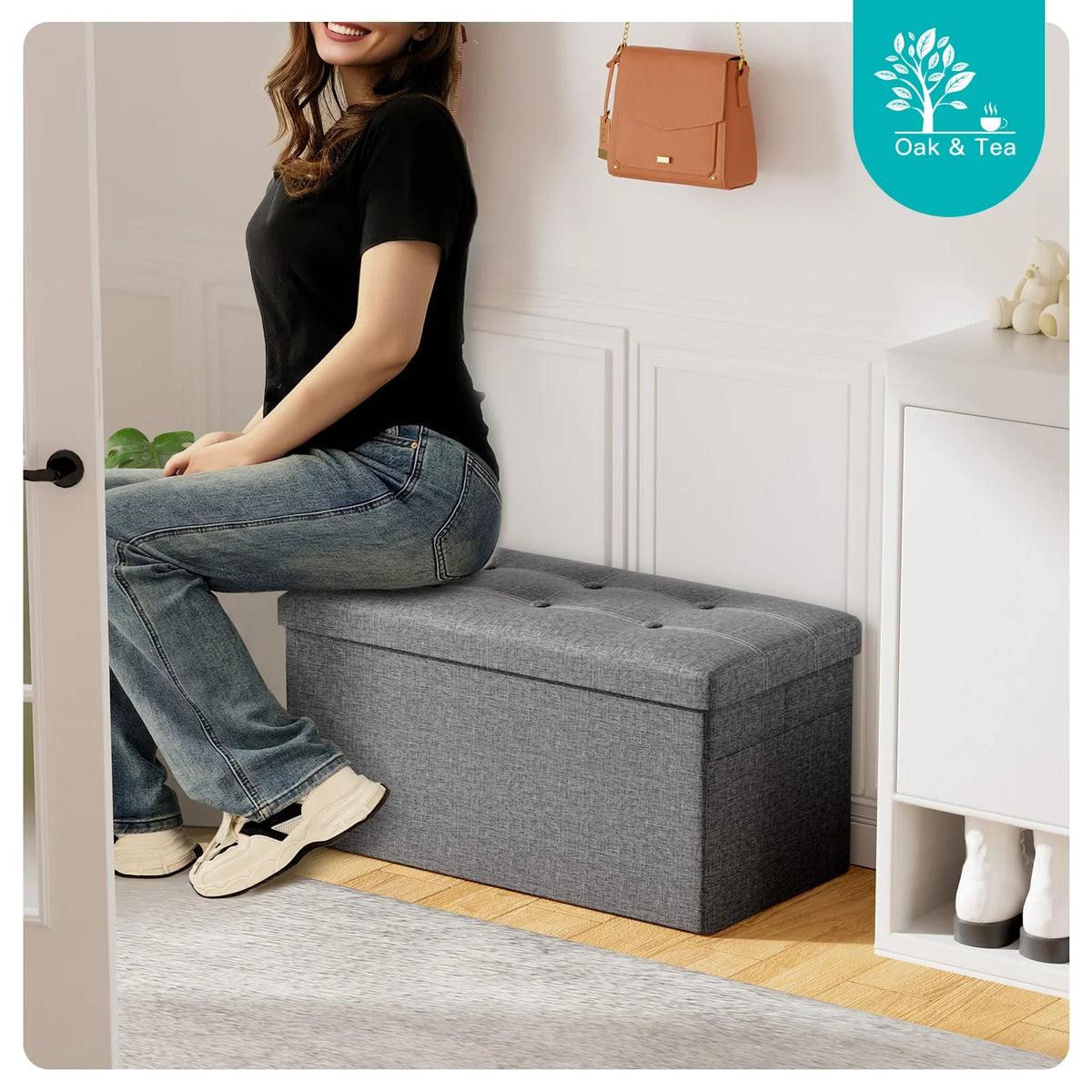 Grey Folding Storage Bench Ottoman - 76cm Modern Sturdy Storage for Living Room