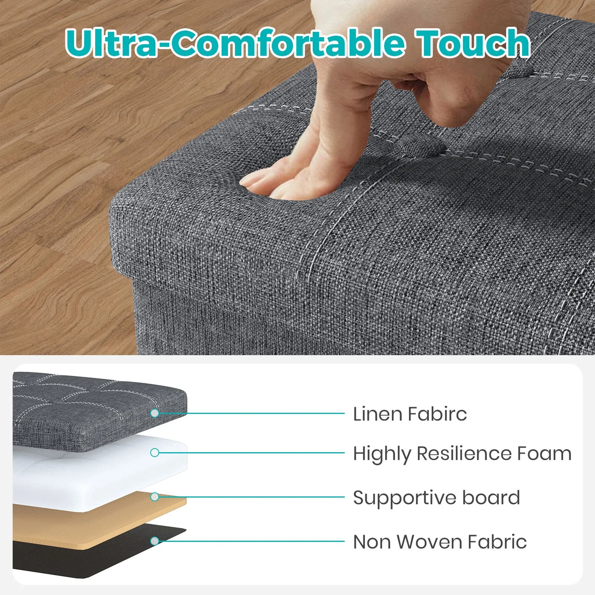 Grey Folding Storage Bench Ottoman - 76cm Modern Sturdy Storage for Living Room