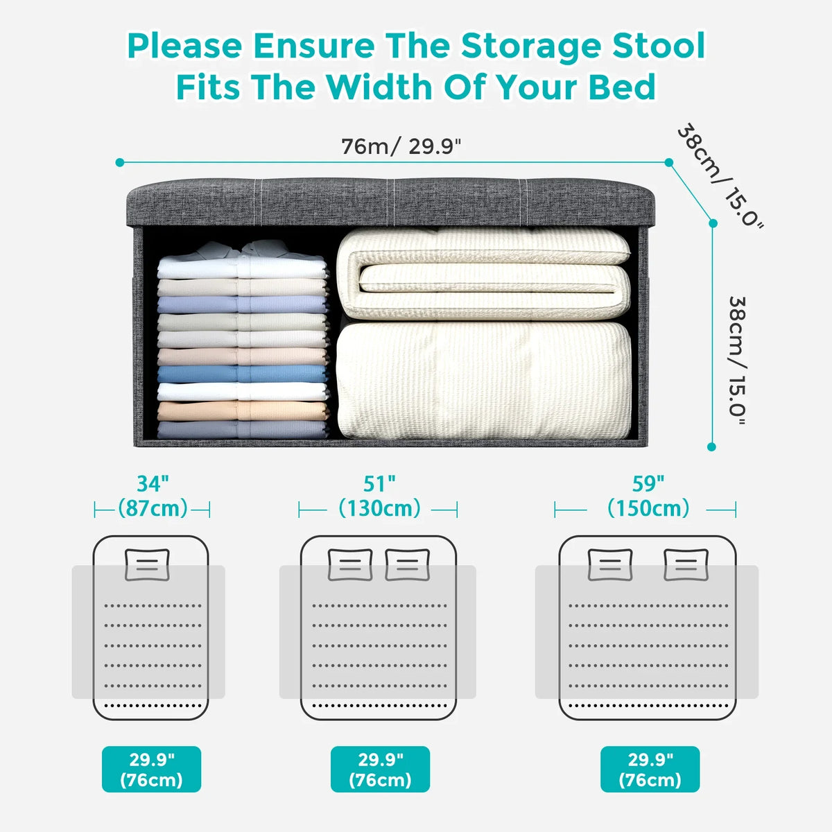 Grey Folding Storage Bench Ottoman - 76cm Modern Sturdy Storage for Living Room