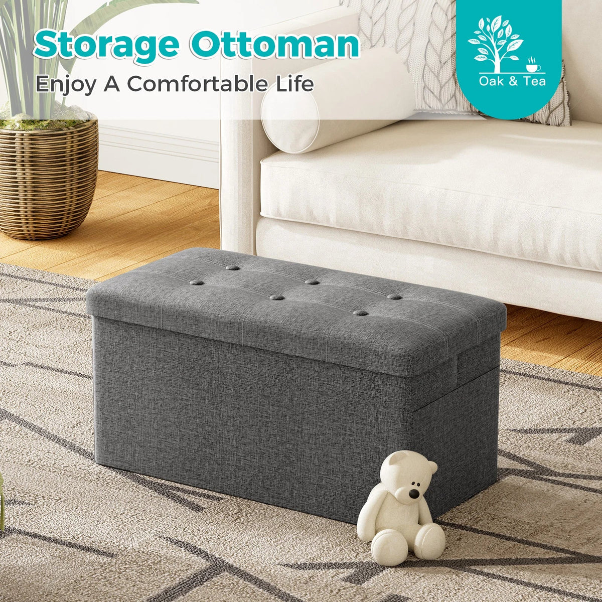 Grey Folding Storage Bench Ottoman - 76cm Modern Sturdy Storage for Living Room