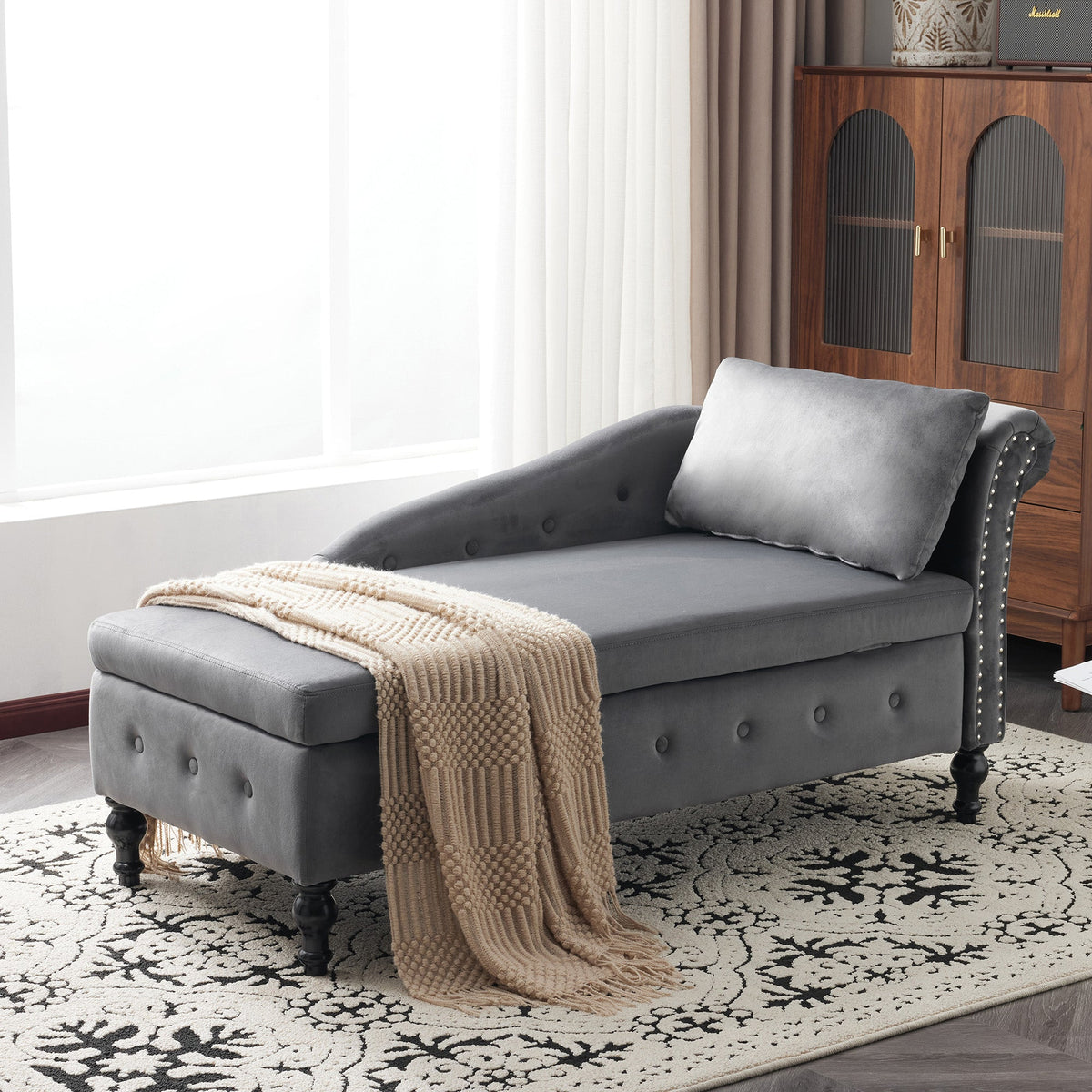 Velvet Chaise Lounge with Storage Right Arm Grey Upholstered Sofa Longue Chair