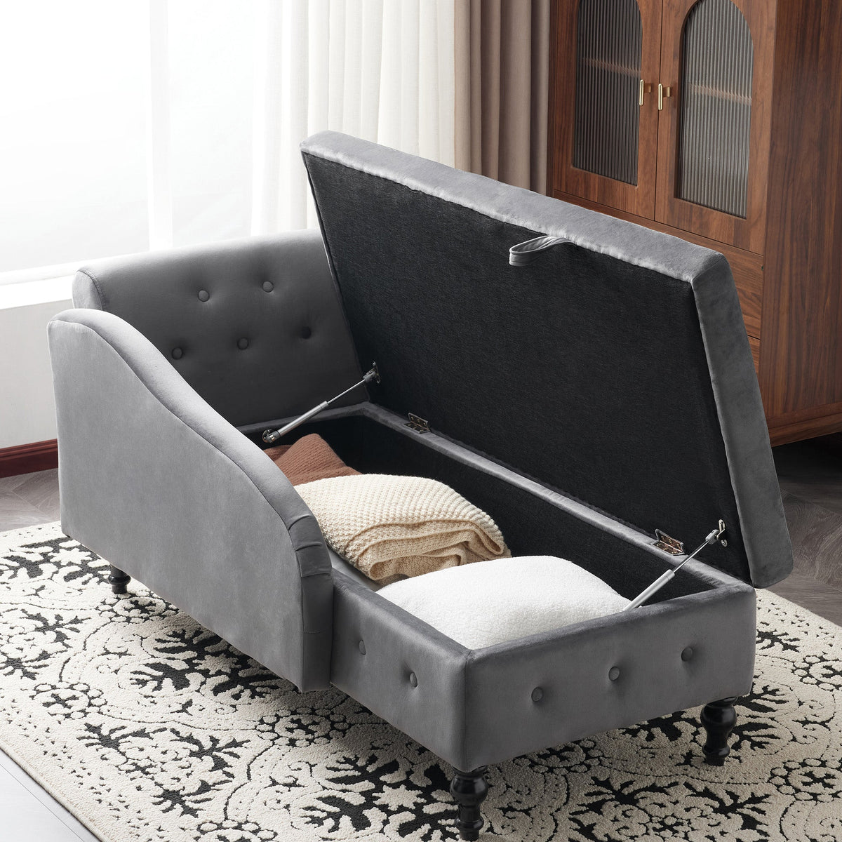 Velvet Chaise Lounge with Storage Right Arm Grey Upholstered Sofa Longue Chair