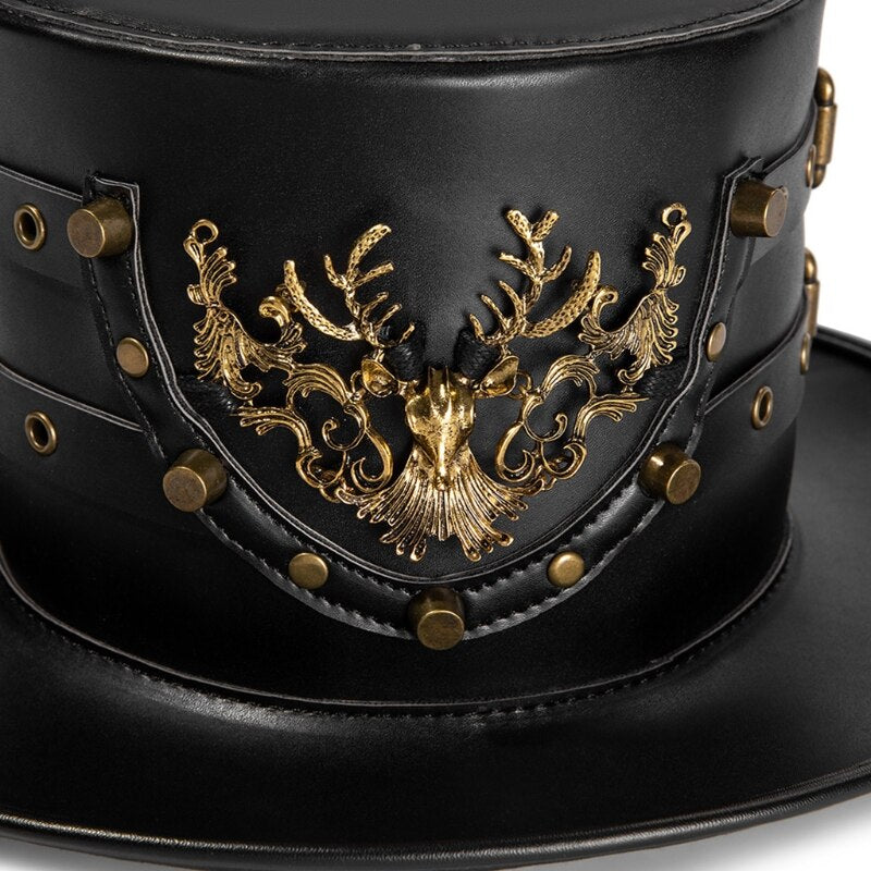 Black PU Leather Plague Doctor Hat | Flat Top Witch Hat