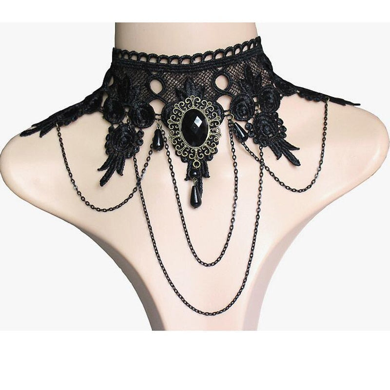 Black Lace Gothic Vintage Sexy Fashion Velvet Chain Necklace Earrings Hand Lace