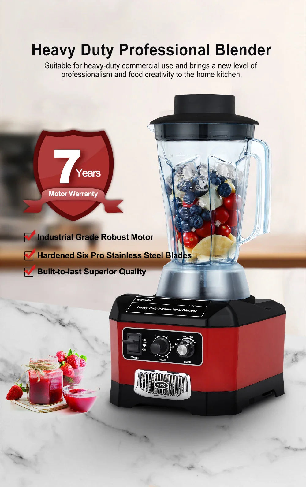 Biolomix A8800 Commercial Bar Blender | 2200W | BPA Free | 7 Year Warranty