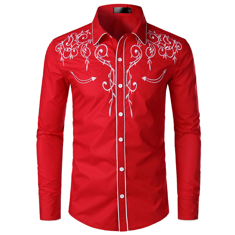 Western Cowboy Shirt  Design Embroidery Slim Fit Casual Long Sleeve Shirts