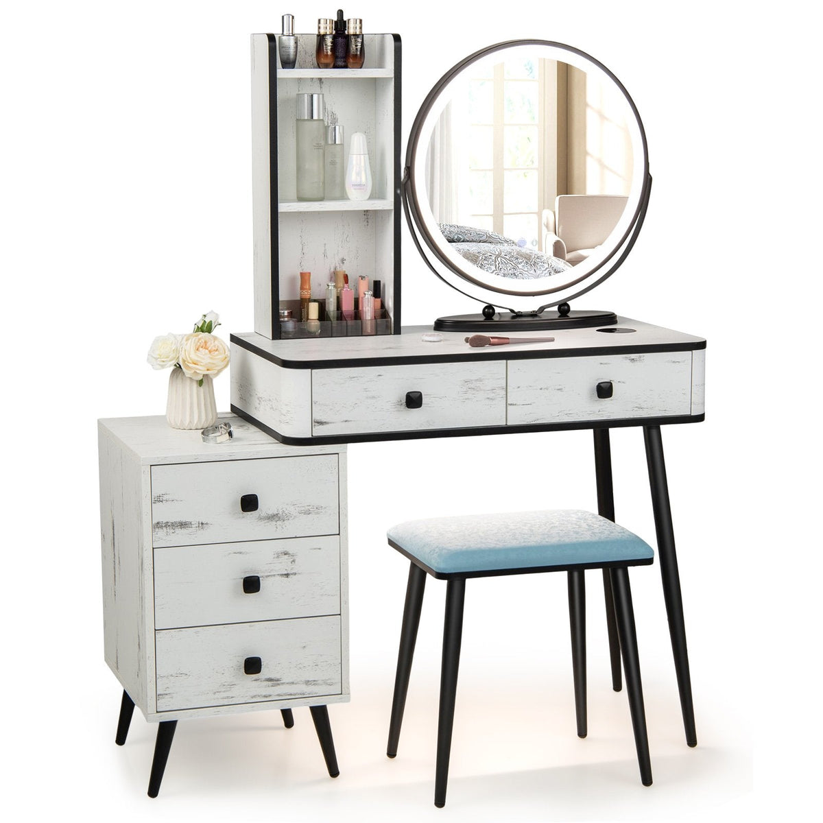 Vanity Table Set with 3-Colour Round Mirror and Charging Station-Brown