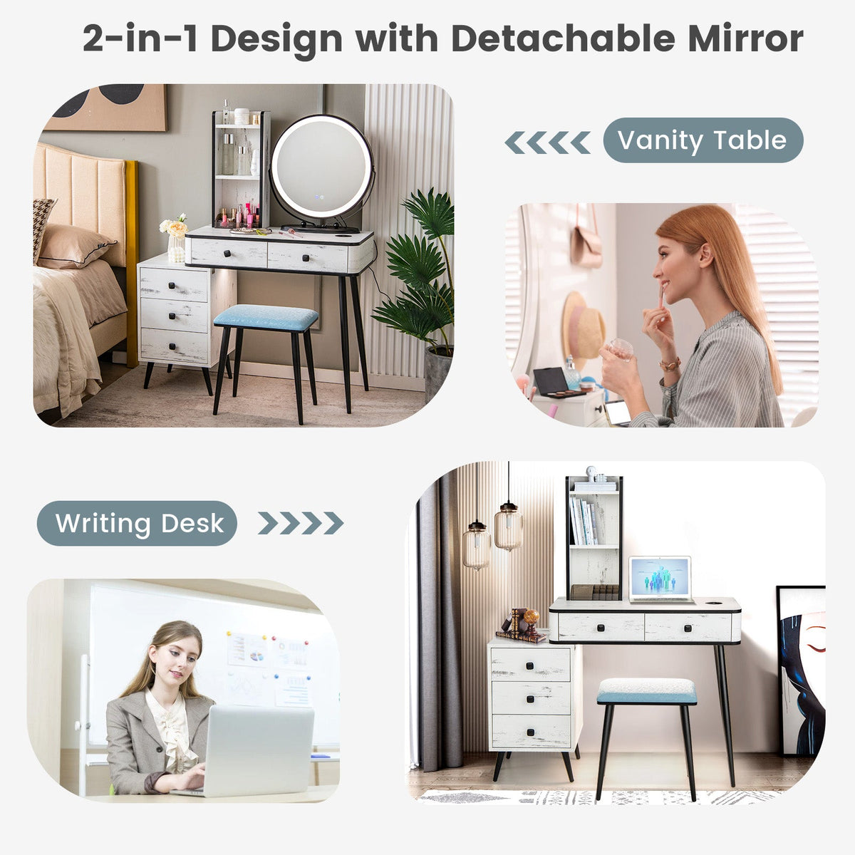 Vanity Table Set with 3-Colour Round Mirror and Charging Station-Brown