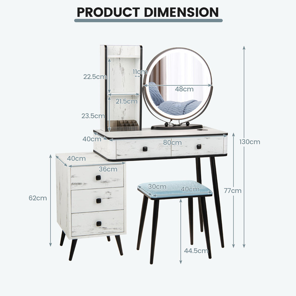 Vanity Table Set with 3-Colour Round Mirror and Charging Station-Brown
