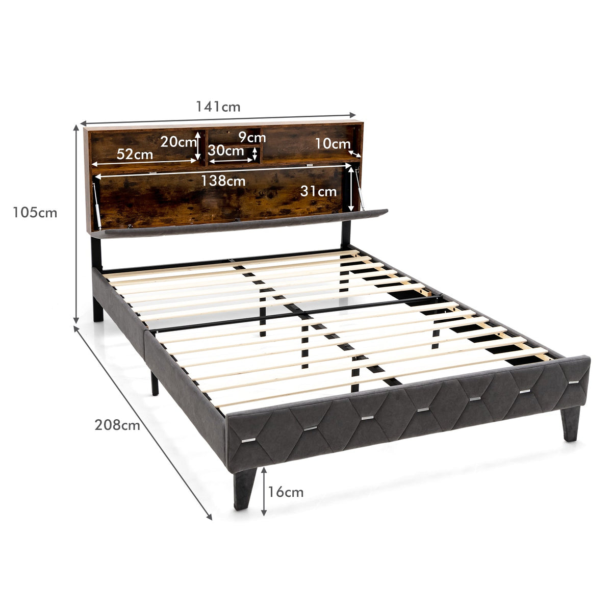 Single/Double Bed Frame with Storage Headboard and Slat Support-Double Size