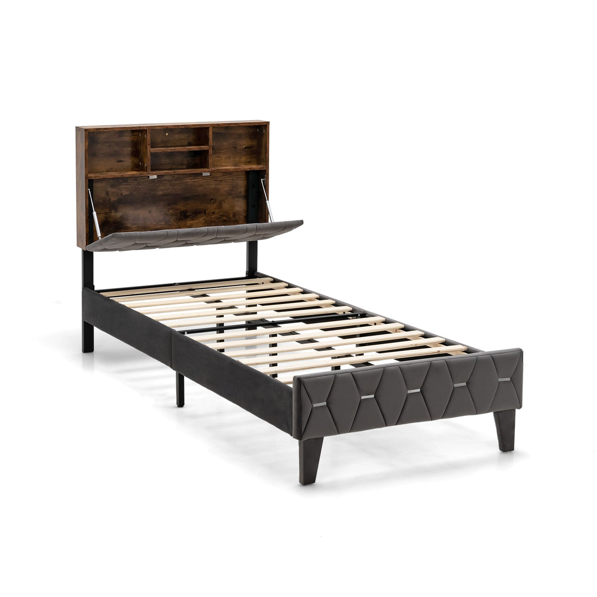 Single/Double Bed Frame with Storage Headboard and Slat Support-Double Size