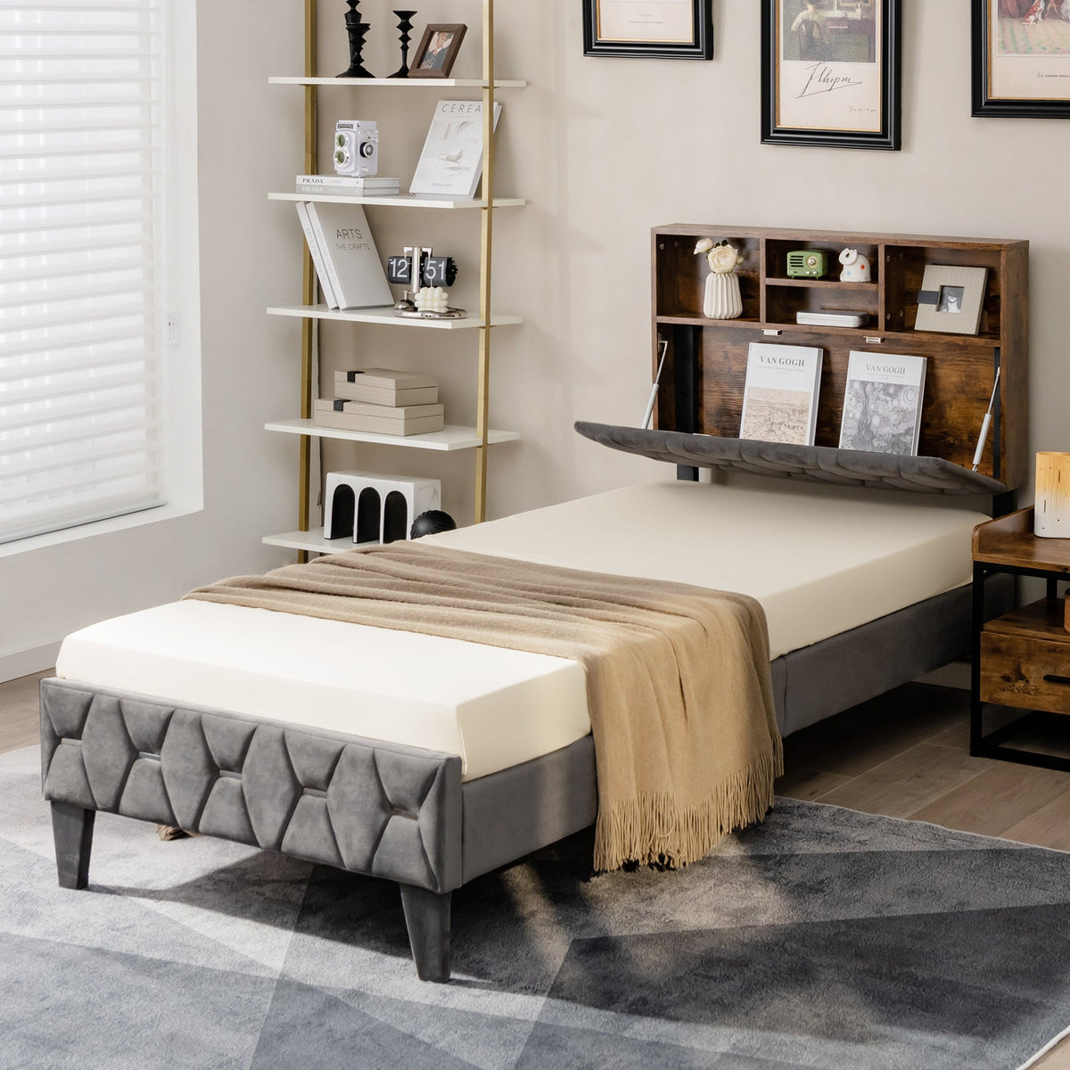 Single/Double Bed Frame with Storage Headboard and Slat Support-Double Size