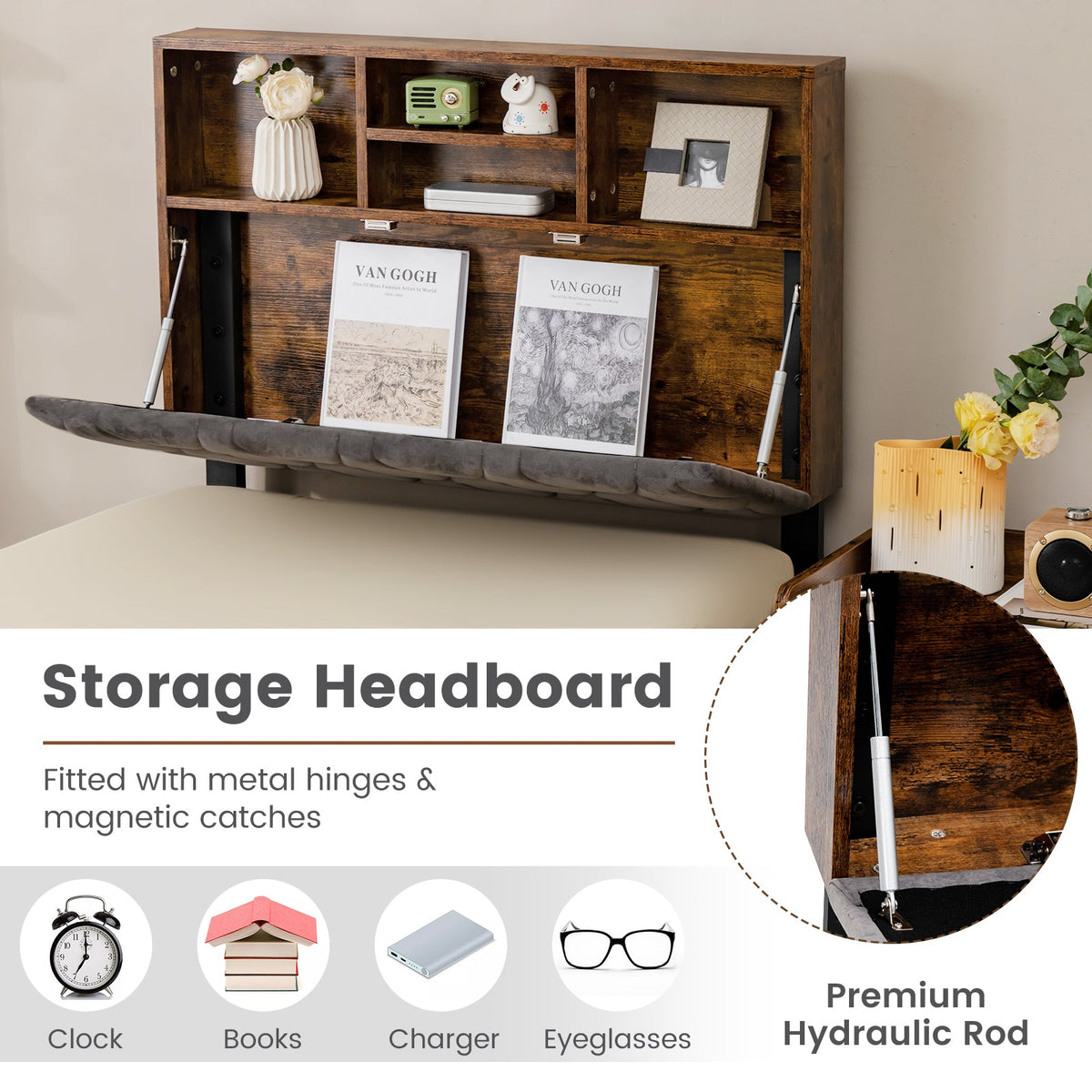 Single/Double Bed Frame with Storage Headboard and Slat Support-Double Size