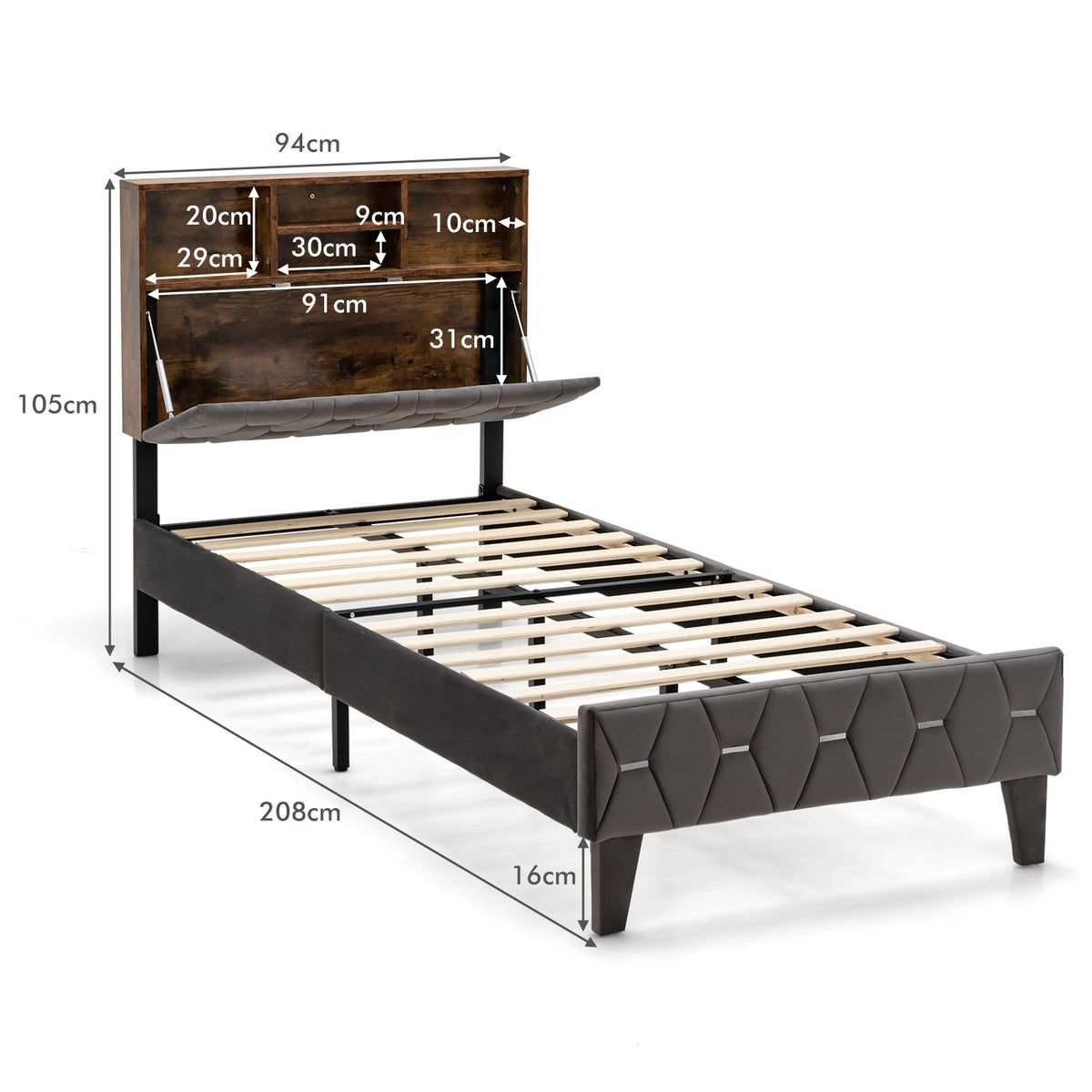 Single/Double Bed Frame with Storage Headboard and Slat Support-Double Size