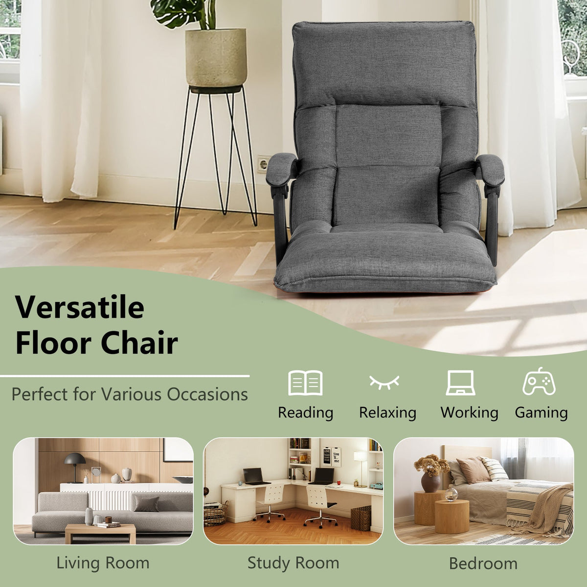 Floor Sofa Chair with 14-Position Adjustable Backrest-Brown