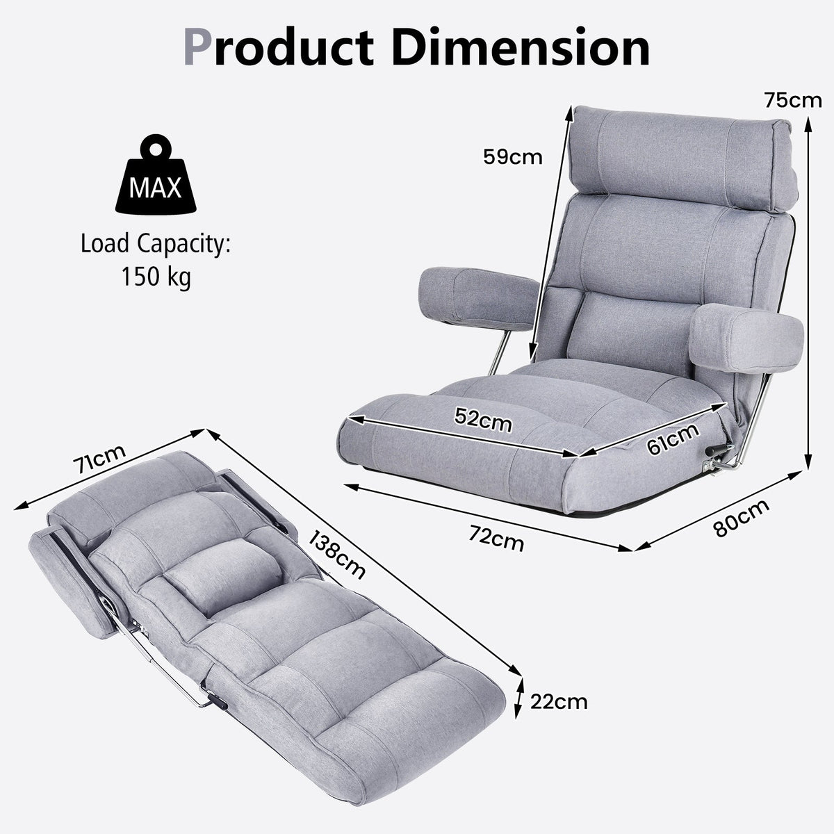 Ergonomic Sofa Lounger Chair with Stepless Adjustment Back-Blue