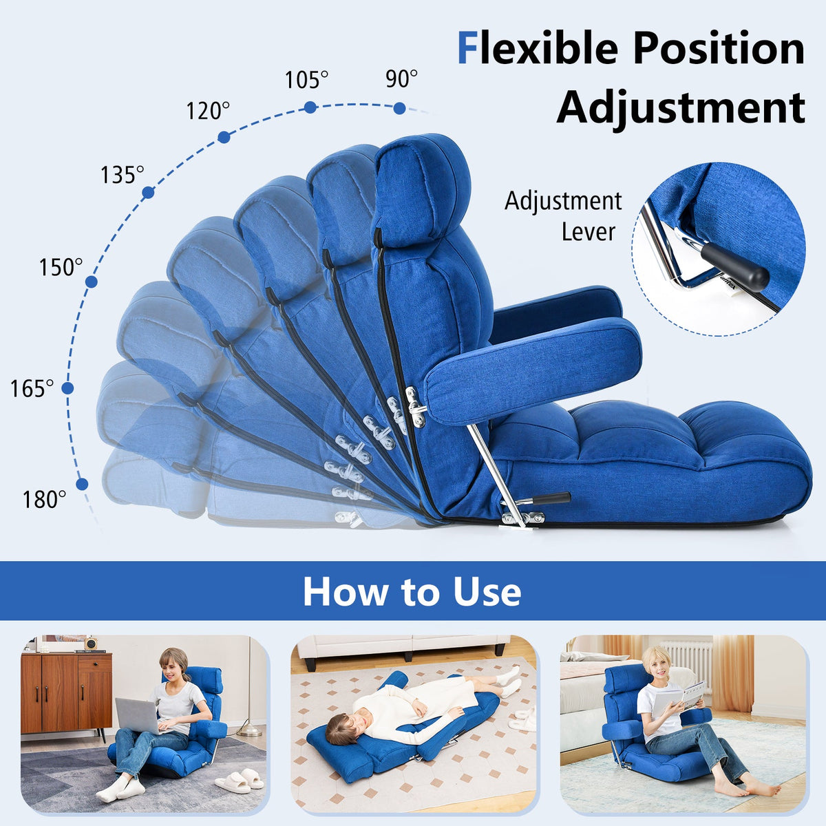 Ergonomic Sofa Lounger Chair with Stepless Adjustment Back-Blue