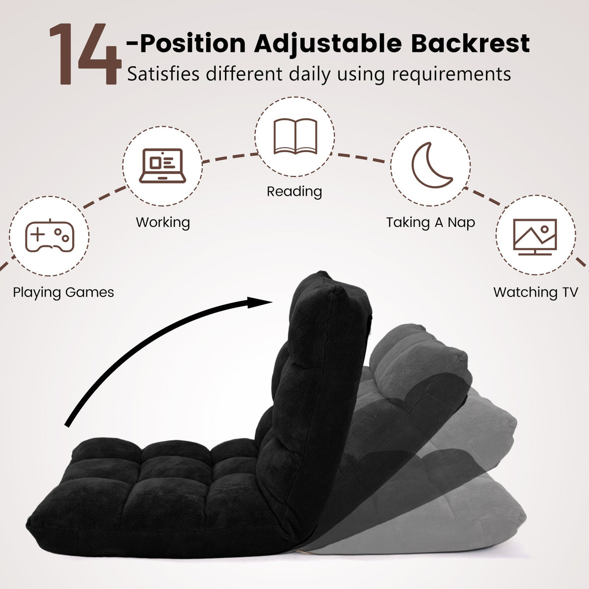 Coral Velvet Floor Gaming Chair with 14-Position Adjustable Back-Black