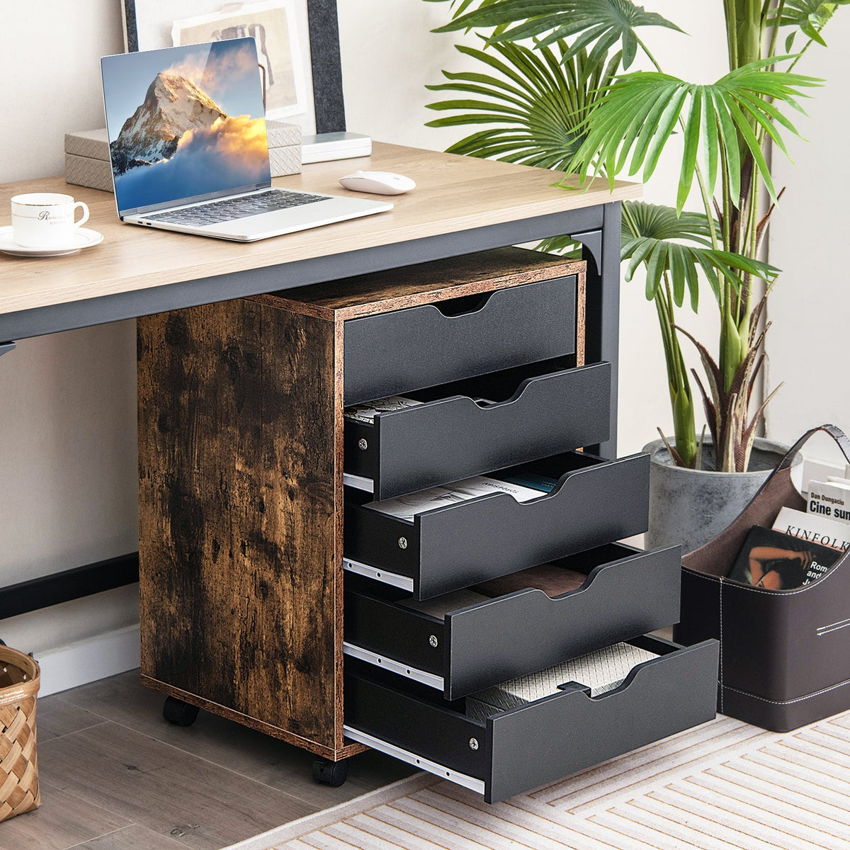 5 Drawer Chest with Wheels for Home and Office-Black