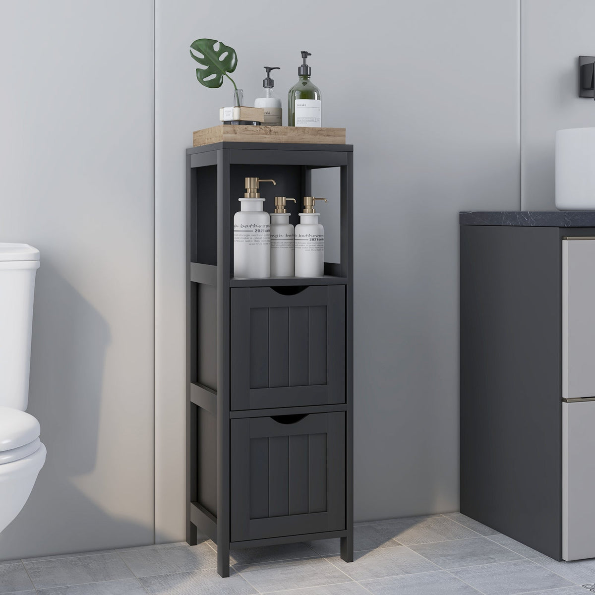 Bathroom Storage Cabinet with 2 Removable Drawers and Open Shelf-Black