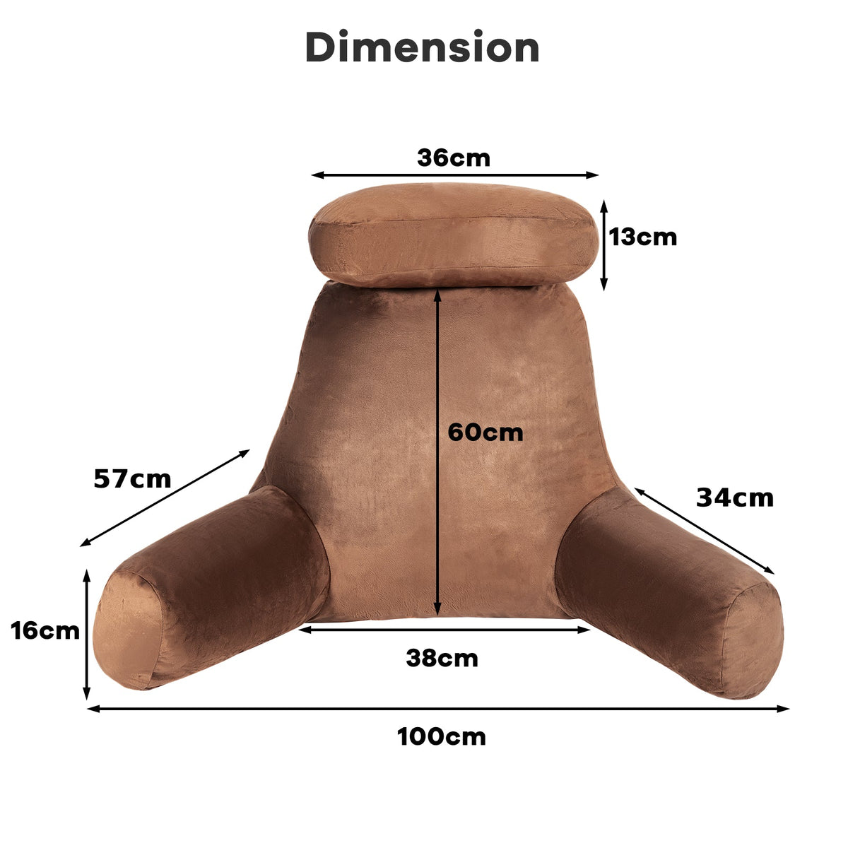 Extra Large Bed Rest Reading Pillow with Detachable Neck Roll-Brown
