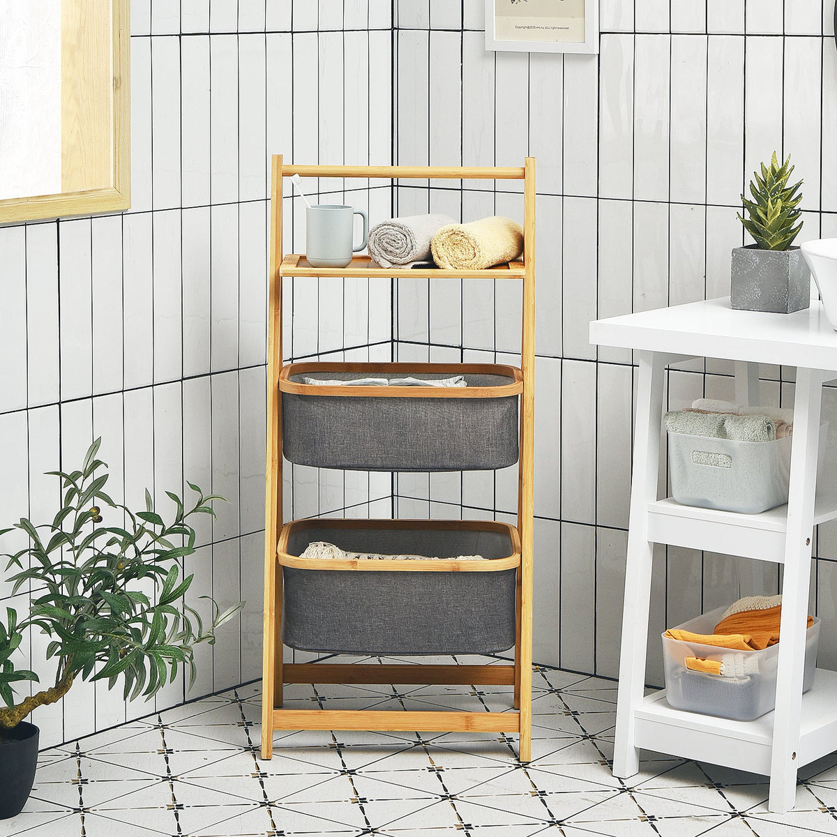 Freestanding A-Frame Laundry Hamper with Shelf-Natural