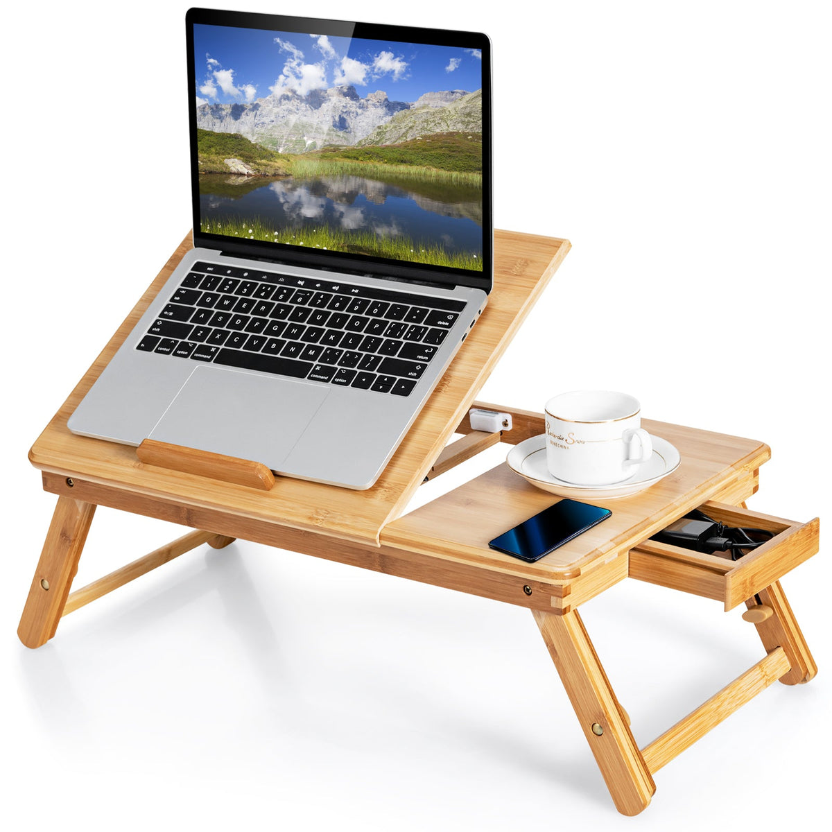 Portable Bamboo Laptop Lap Tray with Adjustable Legs and Tilting Top-Brown