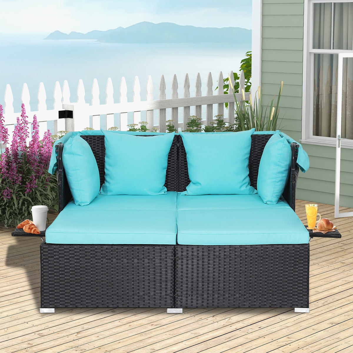 Garden Rattan Daybed with Retractable Canopy and Cushions-Beige
