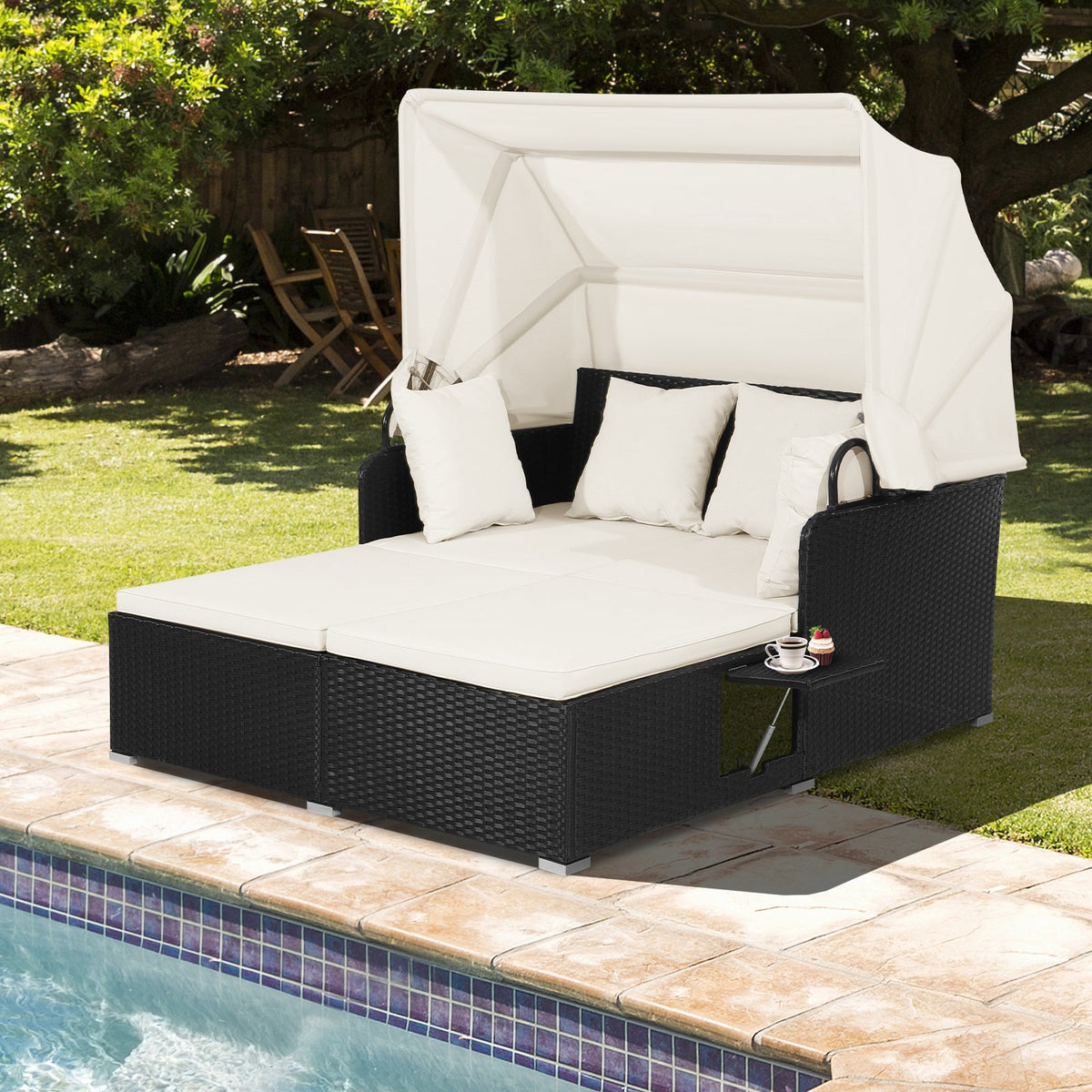 Garden Rattan Daybed with Retractable Canopy and Cushions-Beige