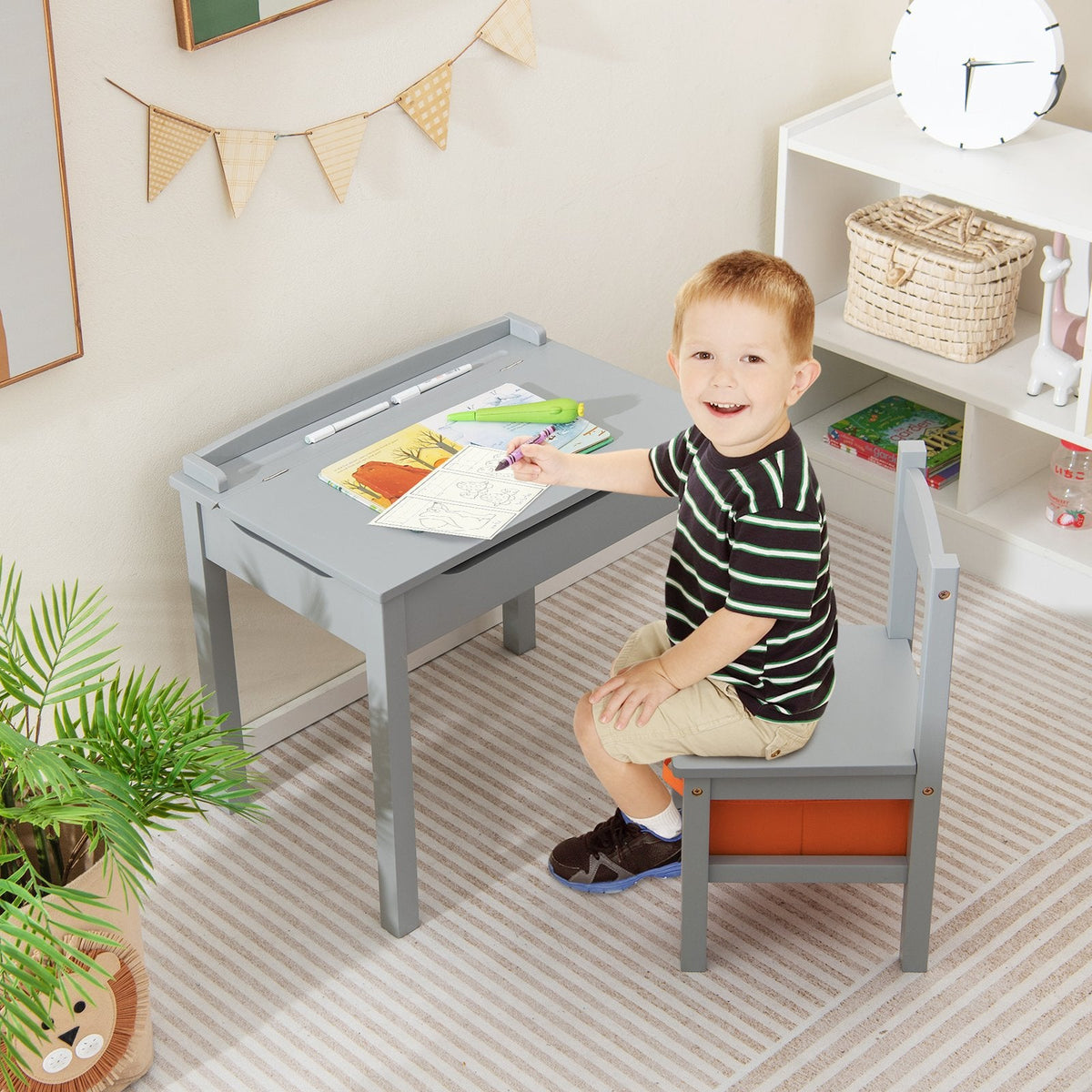 Kids Table and Chair Set with Hidden Space and Hook-Natural