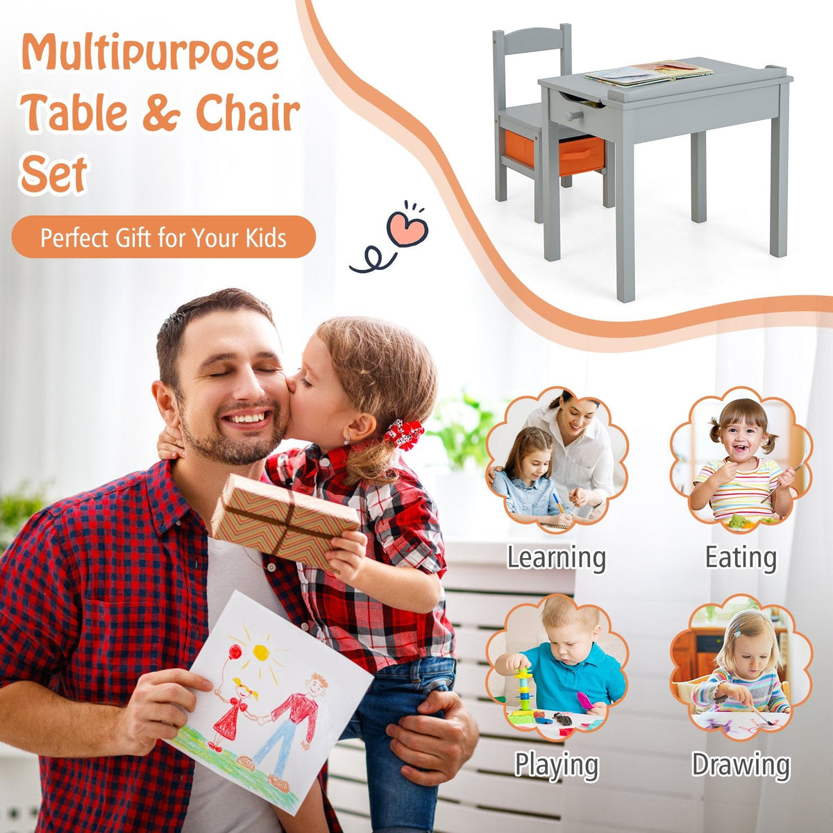 Kids Table and Chair Set with Hidden Space and Hook-Natural