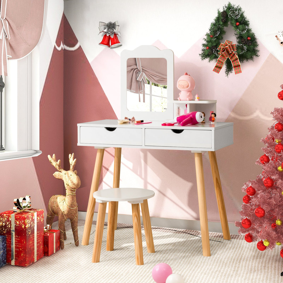 Kids Vanity Table and Stool Set with Square Mirror and Storage Shelf-Light Pink
