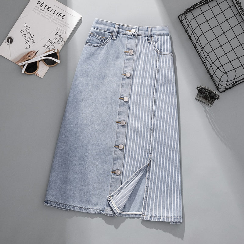 Loose Denim Skirt Women summer Medium Long Split High waist Jeans Patchwork female Streetwear skirts