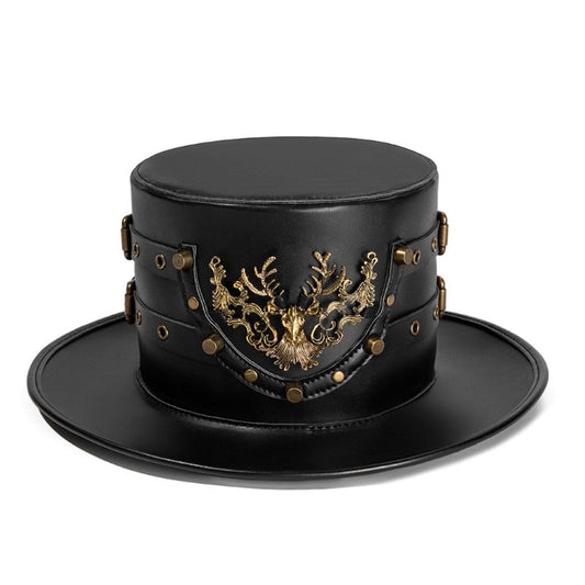 Black PU Leather Plague Doctor Hat | Flat Top Witch Hat