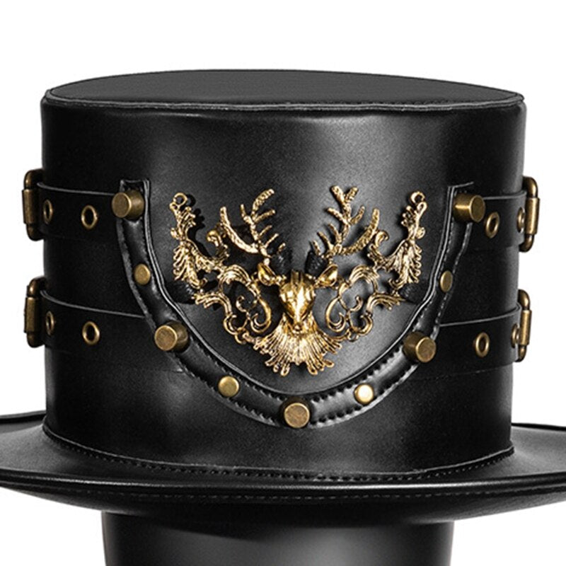 Black PU Leather Plague Doctor Hat | Flat Top Witch Hat