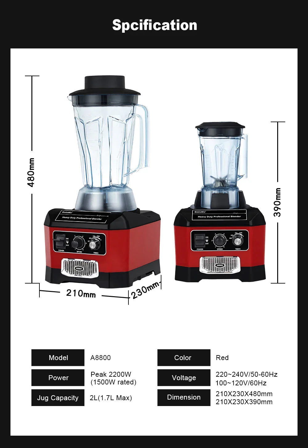 Biolomix A8800 Commercial Bar Blender | 2200W | BPA Free | 7 Year Warranty