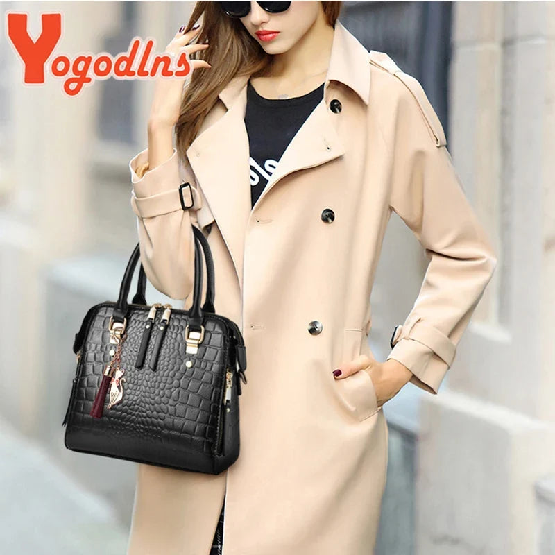 Luxury Crocodile Pattern Handbag Women Winter New PU Leather Tassel Shoulder Bag Brands Design Handle Bag Lady Purse