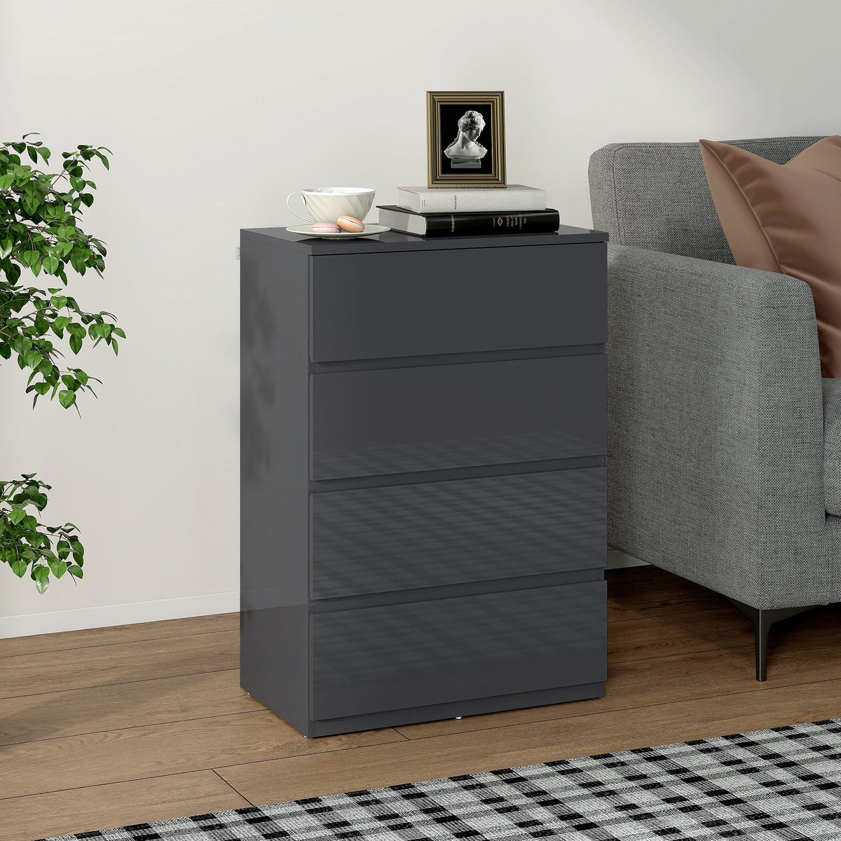 High Gloss Chest of Drawers Grey 4 Drawer Modern Storage Cabinet Dresser Grey