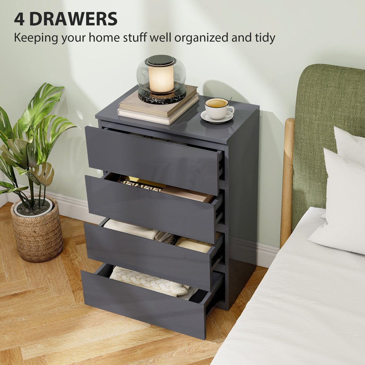 High Gloss Chest of Drawers Grey 4 Drawer Modern Storage Cabinet Dresser Grey