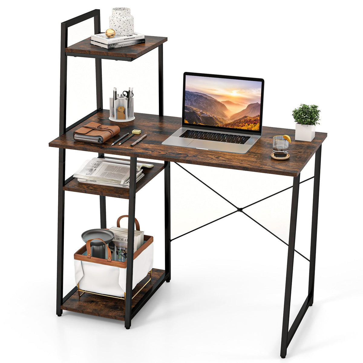 Home Office Desk with Bookshelf and Host Stand-Black