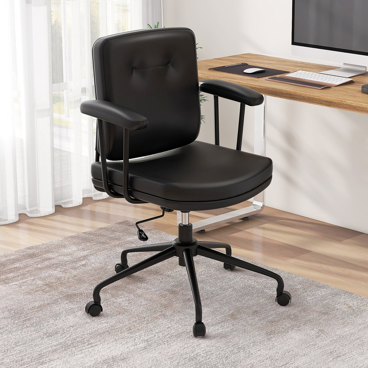 Home Office Small Desk Chair with Adjustable Height Wheels-Black